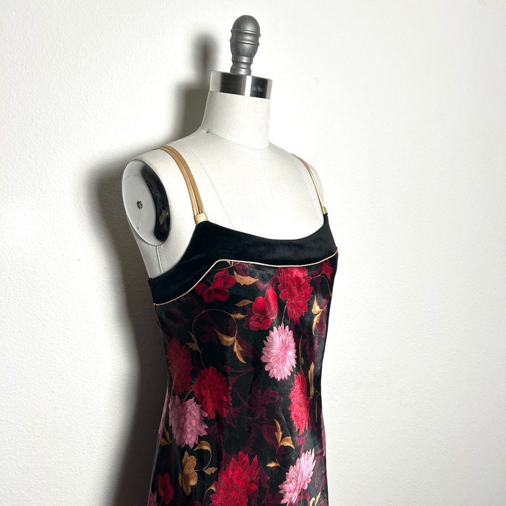 Jones New York Black Floral Satin Velvet Trim Maxi Slip Dress Womens M Vintage